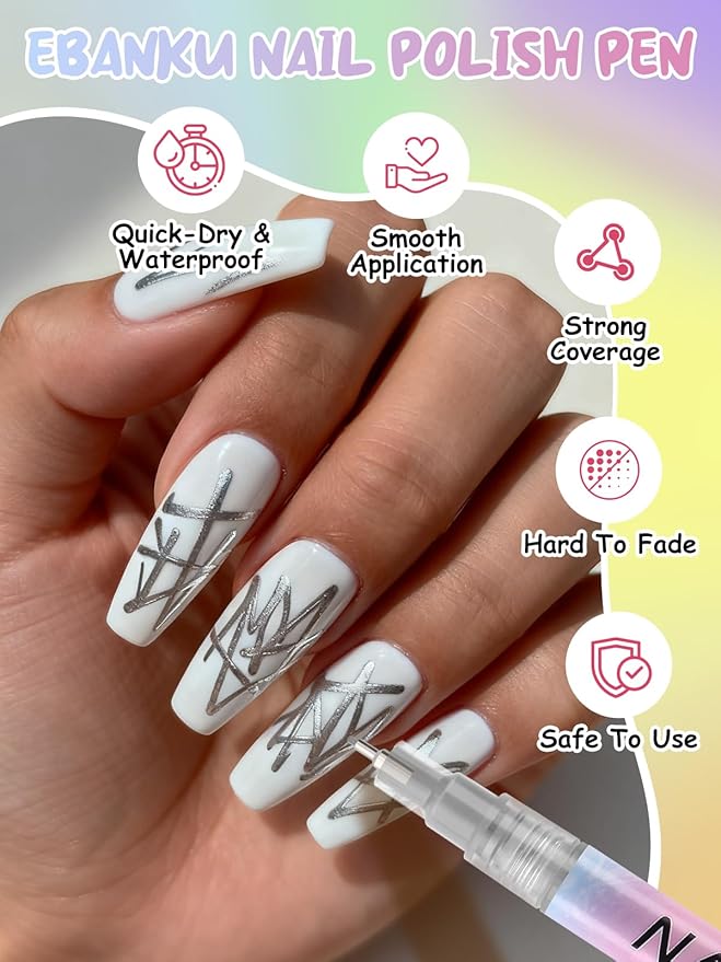 EBANKU 0.5MM Nail Art Pens Quick-Drying, 3D Nail Polish Pen Acrylic Markers Pens Painting Pen Nail Point Dotting Liner Pen Tools for DIY Home Salon Nail(1Pc Silver)