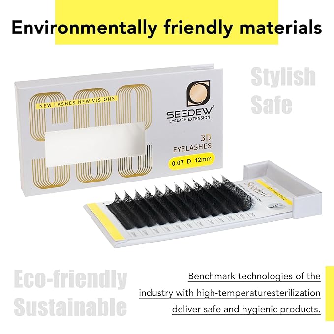 SEEDEW 3D Lash Extensions, 0.07mm LU/M Curl MIX8-15mm 12 Rows/Tray, W Shape Flat Stem, PBT Natural Eyelash Grafting for Beginner Artist, Lash Tech, Beauty Salon(3D-Matte Black-0.07-LU-MIX8-15mm)