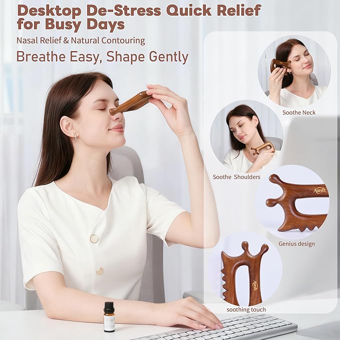 Aurift Wooden Gua Sha Massage Tool for Face & Body – Dual Trigger Point Acupressure Massager for Nose & Eye Area, Manual Muscle Scraper with Ergonomic Grip for Jawline & Neck Relief in Gift Box
