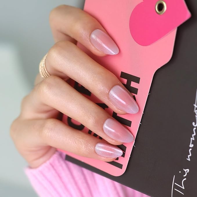 LAMIMOSA 32Pcs Cat Eye Press On Nails Short Almond – Soft Gel Fake Nails in 16 Sizes, Reusable Glue on Nails Kit, PEACHY BLUSH