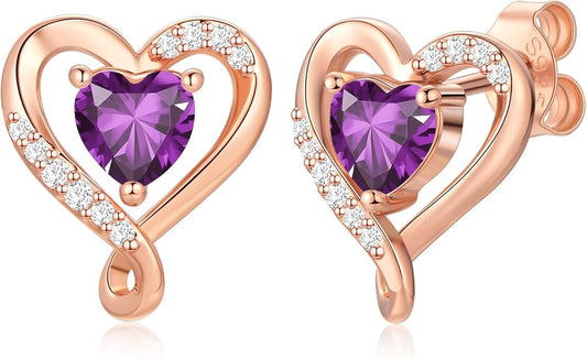 Zifeel Earrings for Women, S925 Sterling Silver Rose Gold Birthstone Heart Studs Earring for Girlfriend Wife, Anniversary Birthday Christmas Valentines Mothers Day Gifts Jewelry for Women Wife Her Mom
