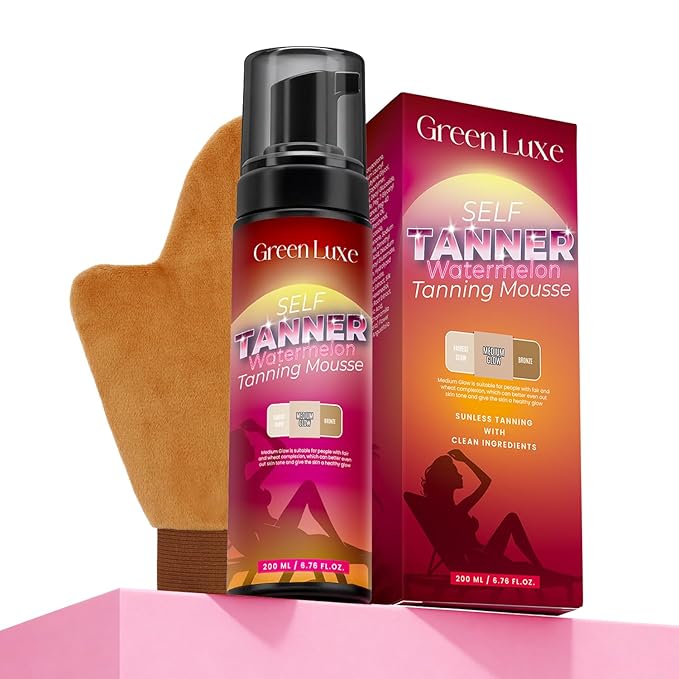 Self Tanner Mousse Mitt Kit – Sunless Tanning Foam with Hyaluronic Acid for Hydrating - Flawless & Streak-Free Fake Tan Mousse, Watermelon Scent Medium Glow 6.76 fl. oz