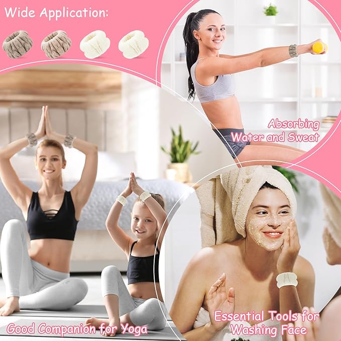 Chuangdi 4 Pairs Wrist Bands for Washing Face Wrist Spa Microfiber Wash Towel Band Scrunchies Absorbent Wristbands Sweatband for Women Prevent Liquid from Spilling(Khaki, Beige)