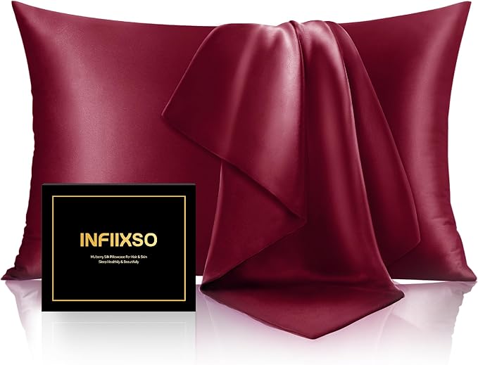 INFIIXSO Mulberry Silk Pillowcase for Hair and Skin, Silk Pillow Cases Queen Size with Hidden Zipper 20x30 Inches, Super Smooth and Soft Cooling Pillow Cases for Hot Sleepers(Burgundy, 1 Pack)