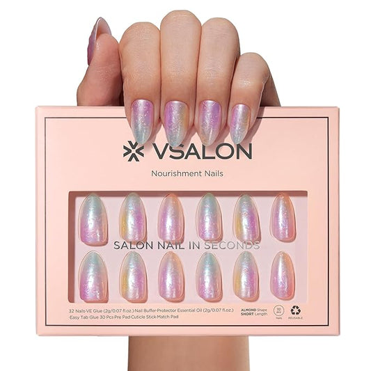 VSALON Press on Nails Medium Almond - Colorful Sfumato Golden Foil Nails Kit for Women, Reusable Opaque Soft Gel Fake Nails with Glue & Cuticle Oil - 32 PCS Glue On Nails in 16 Sizes (Mermaid)