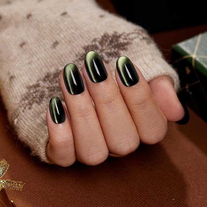 VSALON Press on Nails Short Oval - Dark Green Cat Eye Holographic Glitter Fake Nails Valentines Gifts for Woman, Reusable Opaque Gel Glue on Nails with Glue & Cuticle Oil - 32 PCS Stick on Nails in 16