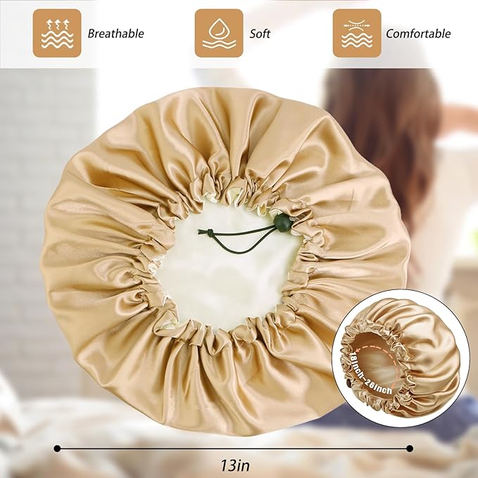 Edoneery Satin Silk Bonnet For Curly Hair Bonnet Braid Bonnet For Sleeping Bonnets For Women Large Double-layer Adjustable, Khaki
