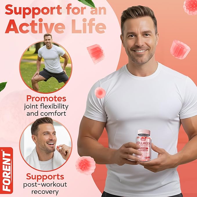 Forent 2500mg Collagen Gummies for Women & Men with Biotin, Vitamin D3, Hyaluronic Acid | Supports Skin Hair Nails & Joints, Sugar-Less Colageno Hidrolizado for Women, 60 Servings Peach Flavor