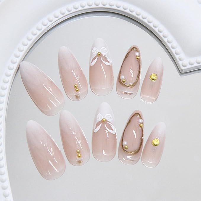JONKASIPA White Flower Embossed Nail Stickers - Medium Almond Shape Fake Nails Glossy Glue Nail Stickers 3D Gold Line Acrylic Nails French Fingertip Adhesive Fake Nails, DIY Set 24 Pcs