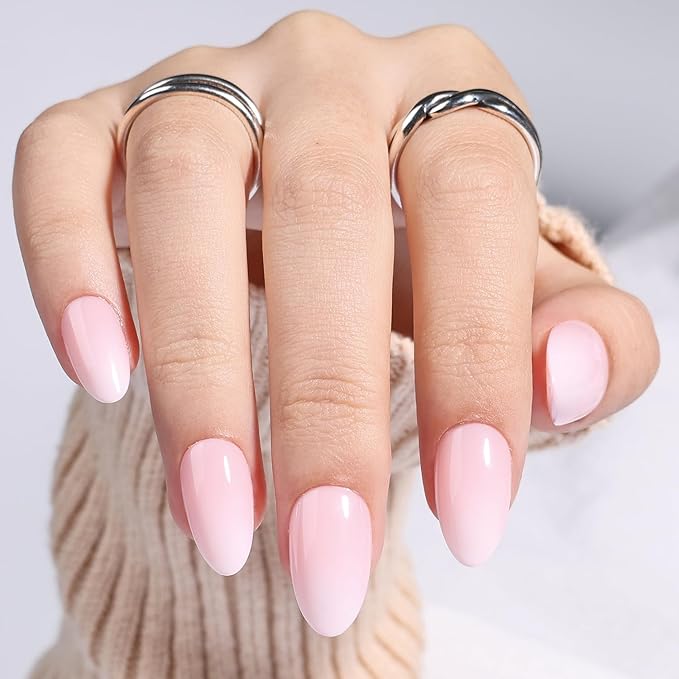 Leefrei Light Pink Press On Nails - Glossy Finish Pink Fade Press On Nails Short Almond Nails Press Ons for Women Fake Nails with Glue, Reusable Glue on Nail in 16 Sizes - 32pcs, Soft Blush