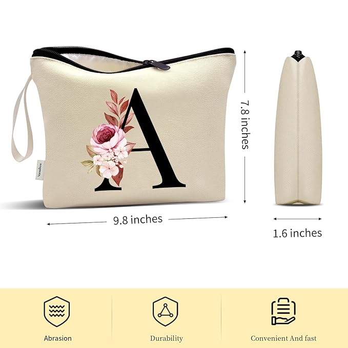 Vavabox A-Z Personalized Makeup Bag, Birthday Gifts for Women Mom, Gifts for Best Friend, Bride Bridesmaid Cosmetic bag (N, Yellow)