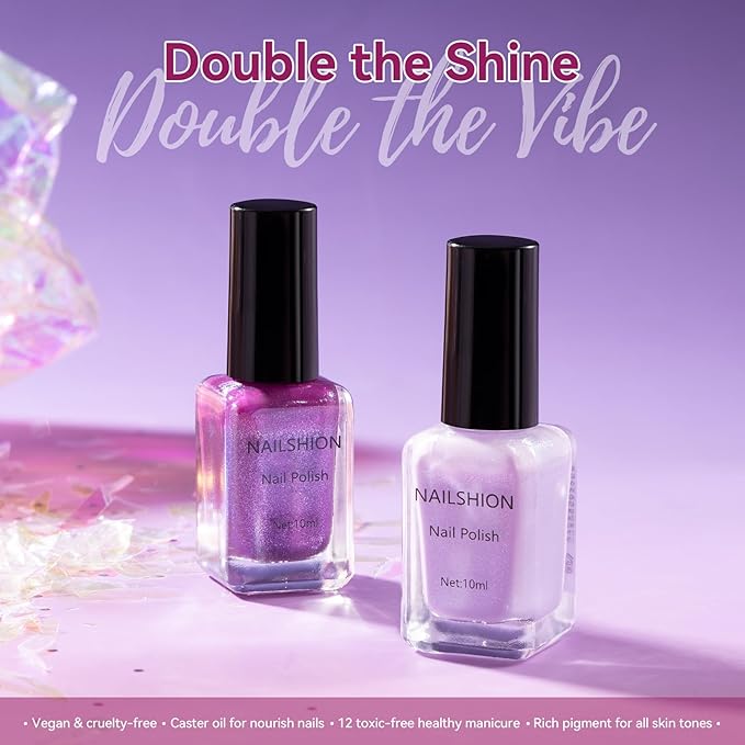 Nailshion Purple Sparkle Nail Polish, Mermaid Shimmer Shades Fingernail Polish Duo, Caster Oil Enriched, Non-Gel, Vegan, Opaque, Quick Dry Lilac Glitter DIY Nail Art Gift for Women Girls