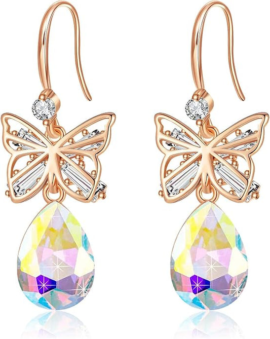 Austrian Crystal Teardrop Butterfly Drop Dangle Earrings for Women 14K Rose Gold Plated Hypoallergenic Jewelry