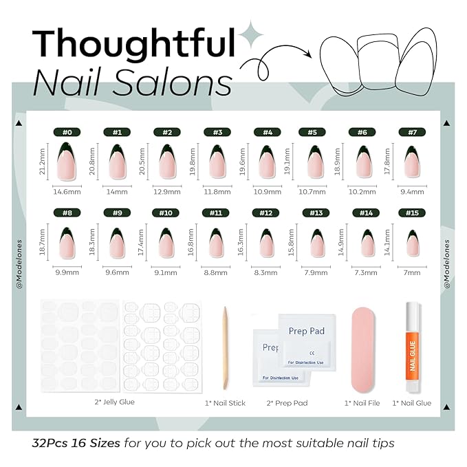 Modelones Green French Tip Press on Nails Almond, Short Almond Fake Nails, Nail Kit with Nail Glue Adhesive Tabs Mini Nail File, Nails Press Ons 32Pcs16 Sizes, Women Girl Gift