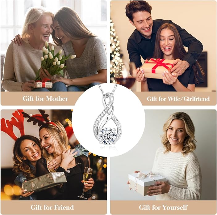 KRZ Moissanite Infinity Women Necklace, 925 Sterling Silver with White Gold Plated Christmas Valentines Mothers Day for Her, Anniversary Birthday Jewelry Gifts for Wife Girlfriend