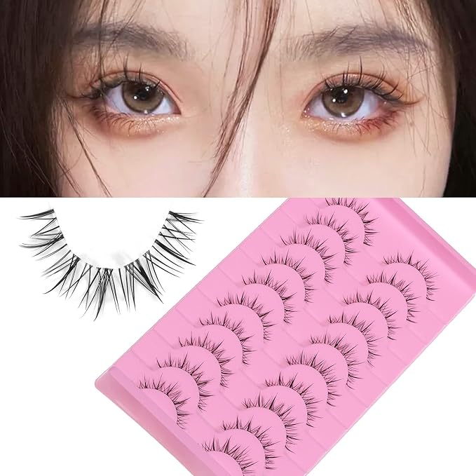 outopen 10 Pairs Manga Lashes Natural Look False Eyelashes Wispy Spiky Anime Lashes Korean Japanese Asian Style Cosplay Fake Eyelashes with Clear Band