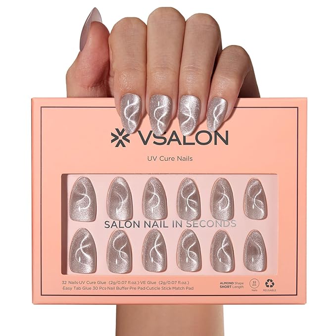 VSALON Press On Nails Short Almond, 32 Pcs 16 Sizes Cat Eye Press On Nails Silver Shimmer Ribbon Sparkly Fake Nails With UV Glue Reusable Stick On Nails Semi-transparent Valentines Gifts For Women