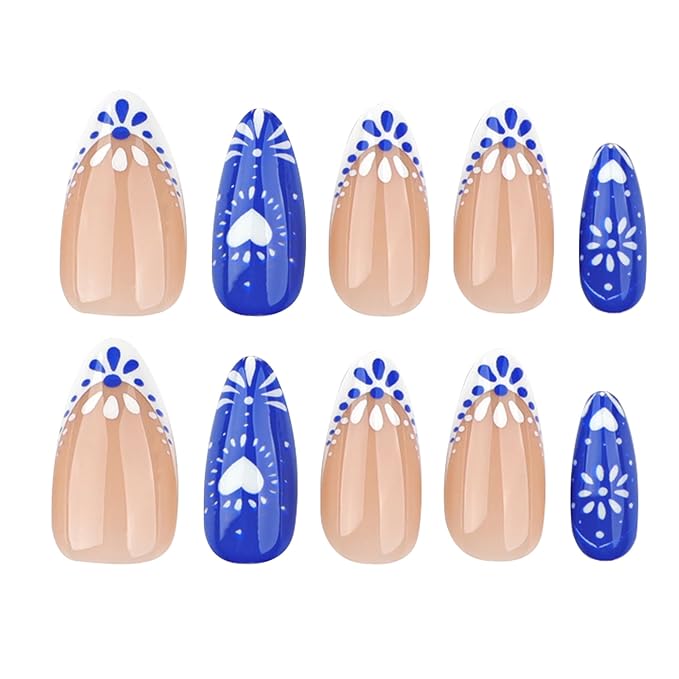 XZMeiLun Blue French Tips Press On Nails Short Almond, Flower Heart Sticke On Nails, Designer Reusable Acrylic Nails Press Ons, Fake Nails With Glue On Nails, Daily Wea False Nails For Women