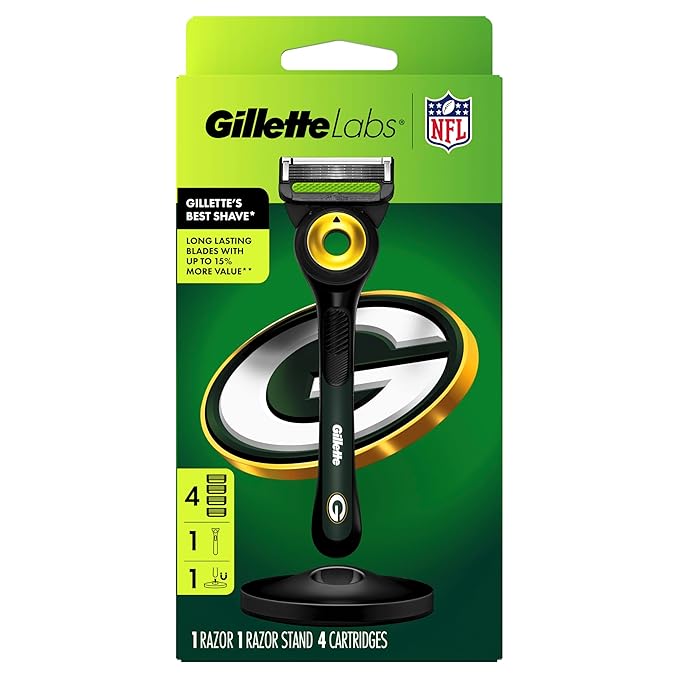 Gillette Labs Special NFL Packers Edition Shaving Razor for Men - 1 Handle, 4 Razor Blade Refills & Magnetic Stand, GilletteLabs with Exfoliating Bar