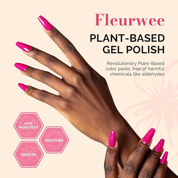 MelodySusie Fleurwee Plant Based Gel Nail Polish, Nail Polish Hema Free 21 Non Toxic Long Lasting No Chip Finger Toe Nail Art Manicure Salon DIY at Home Gifts for Women Guava Glitter P55