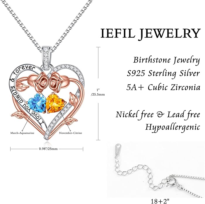 Iefil Valentines Gifts for Her Wife Women - Rose Heart Double Birthstone Necklace Gift for Wife Girlfriend Her Women, Birthstone Jewelry Gemstone Birthday Gifts for Mom Grandma Her