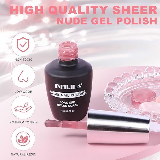 NXJ INFILILA Light Pink Gel Nail Polish, 15ml Baby Milky Pink Soak Off UV LED Gel Polish Long Lasting Shiny, Nude Jelly Sheer Translucent Color for Salon and Nail Art DIY at Home N11