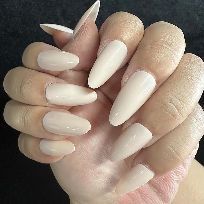 JONKASIPA French Tip Fake Nails - Flesh Pink Almond Press-On Nails, Acrylic Artificial Nails, Includes 32 Pieces of Nail Stickers Set Designed for Women
