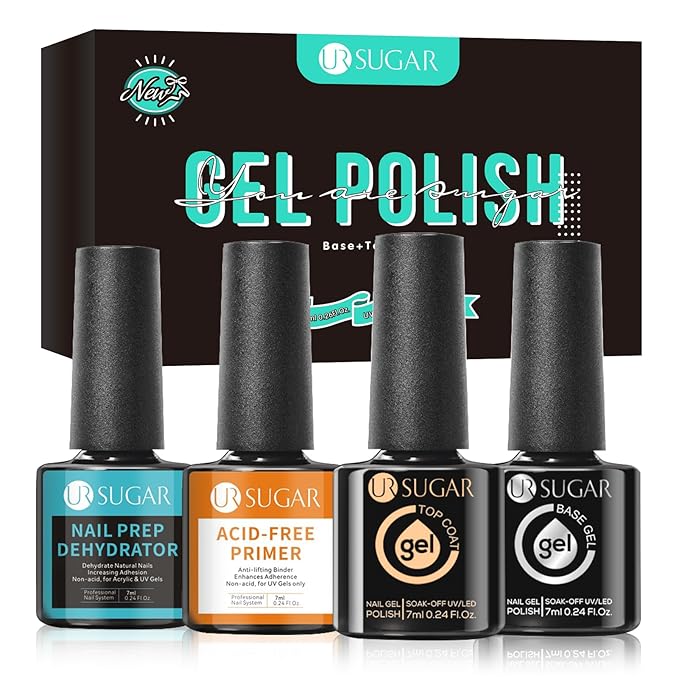 UR SUGAR 4 Pcs Nail Dehydrator Nail-Primer Base and Top Coat, Acid Free Natural Nail Prep Dehydrate & Bond Nail-Primer Kit, Glossy Surface Quick Drying Long Lasting and Easy to Apply