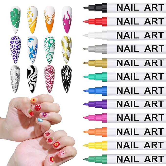 MKNZOME 12 Color Nail Art Pens for Painting Nails, 0.7 MM Nail Polish Pens Drawing Point Liner Acrylic Painted Pen Kit, Waterproof Quick-drying for DIY Nails Art Design Manicure Tools