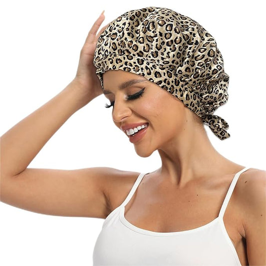 Cocheng 100% Mulberry Silk Bonnet for Sleeping Double Layer Silk Sleep Cap with Adjustable Tie Band 19 Momme Breathable & Adjustable Hair Bonnet (Leopard)