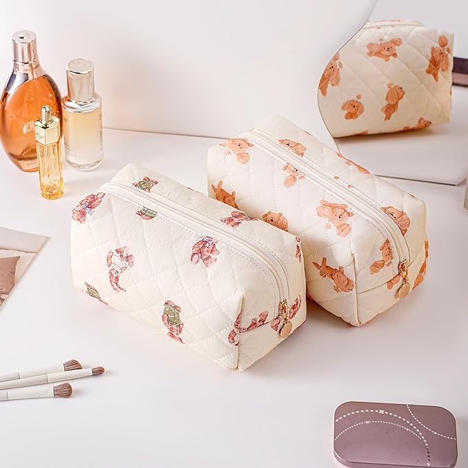 Cute Floral Makeup Bag Small Cotton Quilted Cosmetic Bag, Aesthetic Essential Bag Emergency Bag Gift for Women Girls Travel Accessories (Dog)