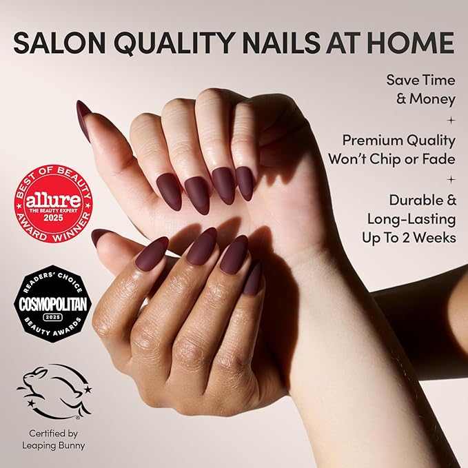 Glamnetic Press On Nails - Merlot | Matte Short Almond Dark Red Nails with Glossy French Tips | 15 Sizes - 30 Nail Kit with Glue