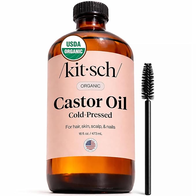 Kitsch Organic Castor Oil for Hair Growth - 100% Pure Castor Oil, Organic Cold Pressed Unrefined Glass Bottle for Face, Skin, Lashes, Brows, Scalp, Nails & Belly Button | Ideal Gifts for Women- 16 oz