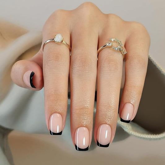 SHANGMENG Black French Tip Press on Nails Square - Soft Gel Press on Nails Short, Fit Perfectly & Natural Stick on Nails with Glue in 16 Sizes - 32 Reusable Fake Nails for Women Gift, Black French
