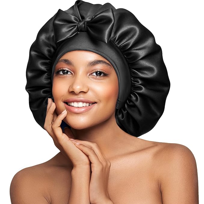 Double-Sided 22 Momme 100% Real Mulberry Silk Bonnet for Sleeping Women, Large Hair Care Bonnet for Long Curly Hair, Double Layer Silk Wrap with Soft Elastic Band, Non-Slip Sleep Cap, Jet Black