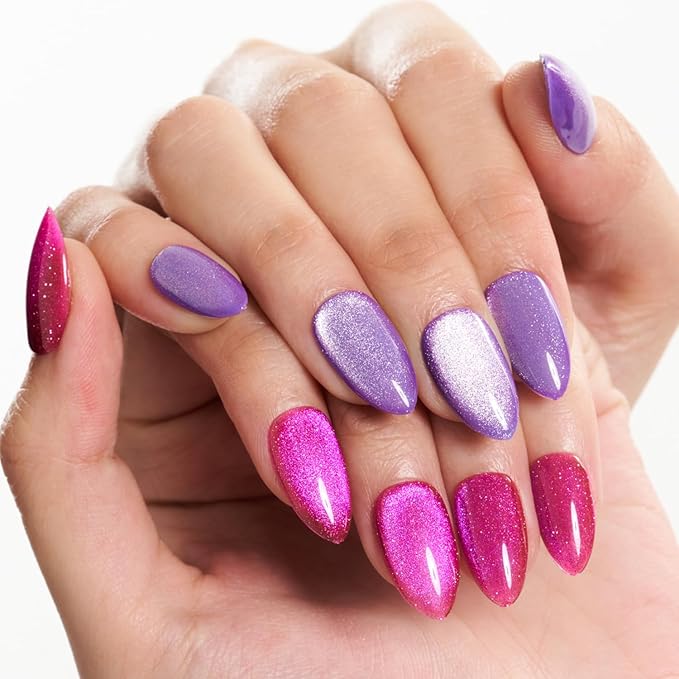 GLAMERMAID Hot Pink Purple Magnet Cat Eyes Press On Nails Short Almond, Aurora Magnetic Handmade Soft Jelly Gel Fake Nails, Round Oval Stick Glue on Nail Kit for Women, Reusable Acrylic False Nail Set