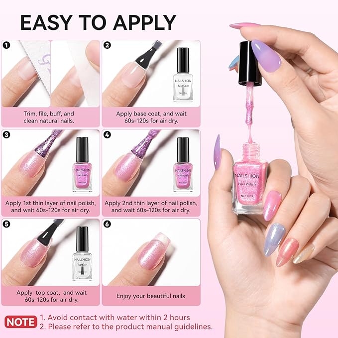 Nailshion Quick Air Dry Nail Polish, 16 Colors Holographic Nude Peach Pink Blue Green Regular Nail Polish with Clear Base Top Coat & Remover Pads, Hema-free, Non Gel, Gift for Women Girls