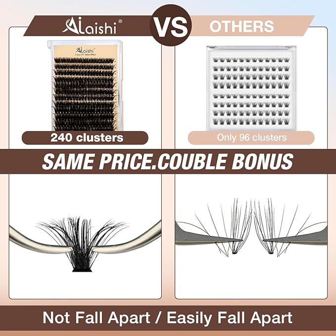 AILAISHI Lash Clusters Kit, DIY Cluster Eyelash Extensions 10‑20mm, 80D, 240pcs Fluffy D Curl Natural Lashes with Bond & Seal,Remover,Tweezers – Fake Cat Eye Individual Clusters