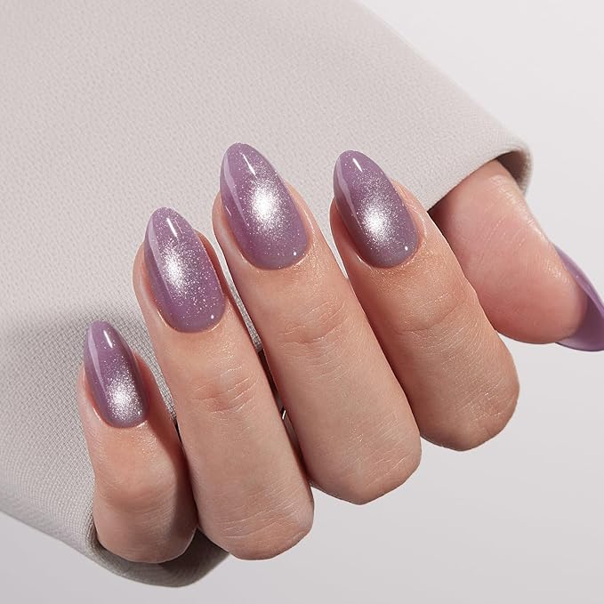 VSALON Press On Nails Short Almond, Purple Cat Eye Glitter Holographic Nails Kit, Reusable Opaque Soft Gel Glue Fake Nails with Glue & Cuticle Oil - 32 PCS in 16 Sizes Valentines Gift for Women
