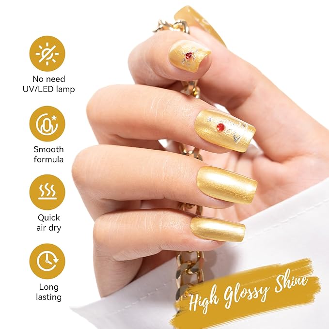 Nailshion Metallic Gold Nail Polish with Base Top Coat 3 IN 1 Nail Strengthener, Quick Dry Clear & Liquid Golden Nail Polish Duo, Opaque, Non-Gel, Professional Nails Art Kit Home Manicure DIY Gift