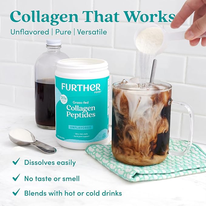 Further Food Unflavored Collagen Peptides Powder - 100% Grass-Fed, Hydrolyzed Type 1 & 3, 20g of Collagen per Serving, Supports Skin, Hair, Nails & Joints, 9.88 Oz