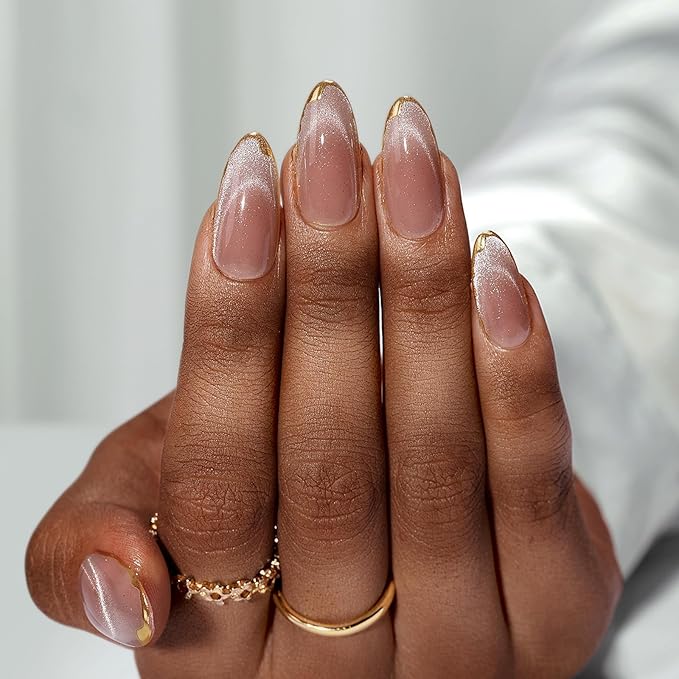 BTArtbox Press On Nails Almond - Knightshield, Cat Eye Press On Nails Medium Fake Nails with 3D Sculpting Metallic Design, Supremely Fit & Glossy Glue On Nails in 16 Sizes, 32 Stick On Nail Kit