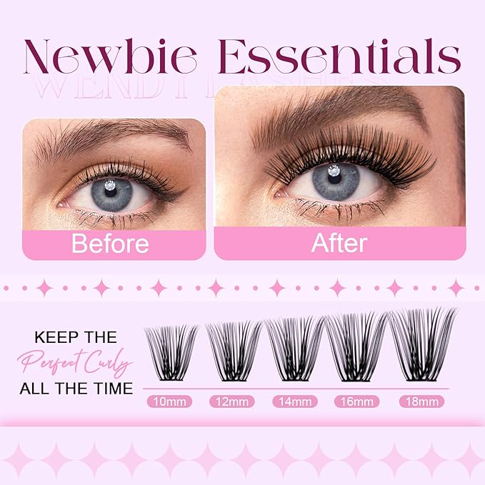 Lash Clusters Kit 30D+40D+60D+80D Wispy Individual Lashes Kit D-Curly Volume Lash Extensions 10-18mm Natural DIY Cluster Lashes Kit for Beginners