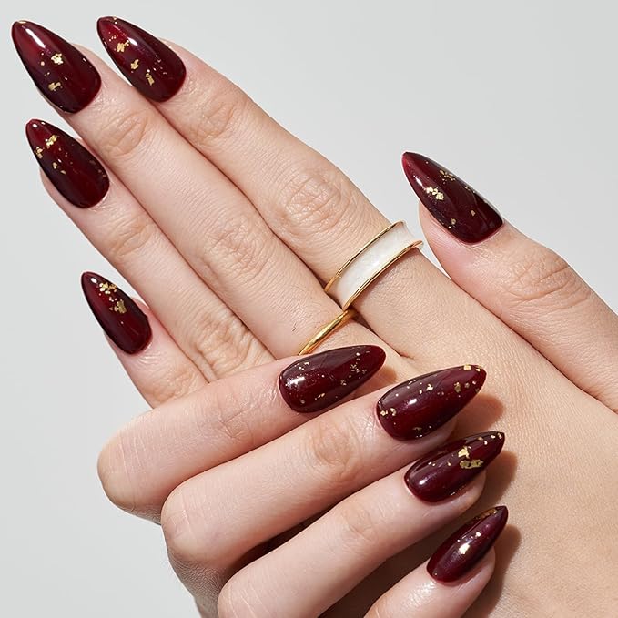 GLAMERMAID Burgundy Press on Nails Medium Almond, Deep Dark Red Glitter Hamdmade Gel False Nals, Stiletto Glue on Nails Kit for Women, Reusable Short Oval Emo Stick on Acrylic Fake Nails Manicure Set