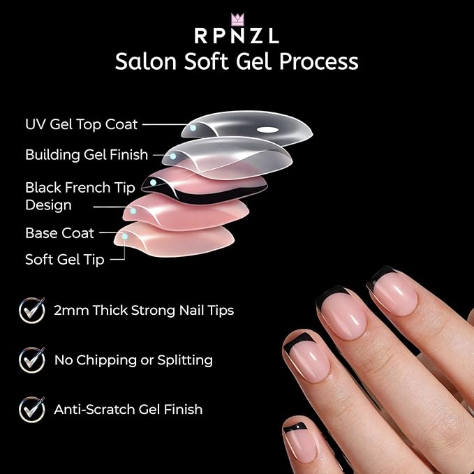RPNZL Press On Nails - Eclipse | Black French Tip, UV Finish Short Square Nails, Reusable | 32 Nails, 16 Sizes Kit with Glue and Adhesive Tabs I Female Founded