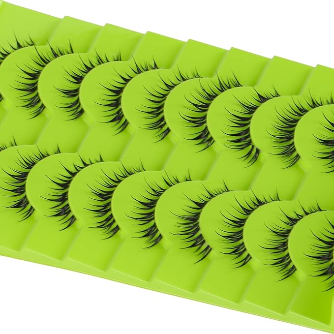 outopen 10 Pairs Manga Lashes Natural Look False Eyelashes Wispy Spiky Anime Lashes Korean Japanese Asian Style Cosplay Fake Eyelashes with Clear Band