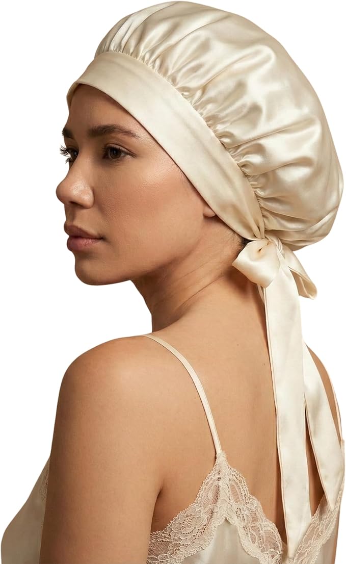 100% Mulberry Silk Hair Sleep Bonnet - Reversible Sleep Bonnet for Women, Wide Band Adjustable Tie, Night Cap for Curly Hair