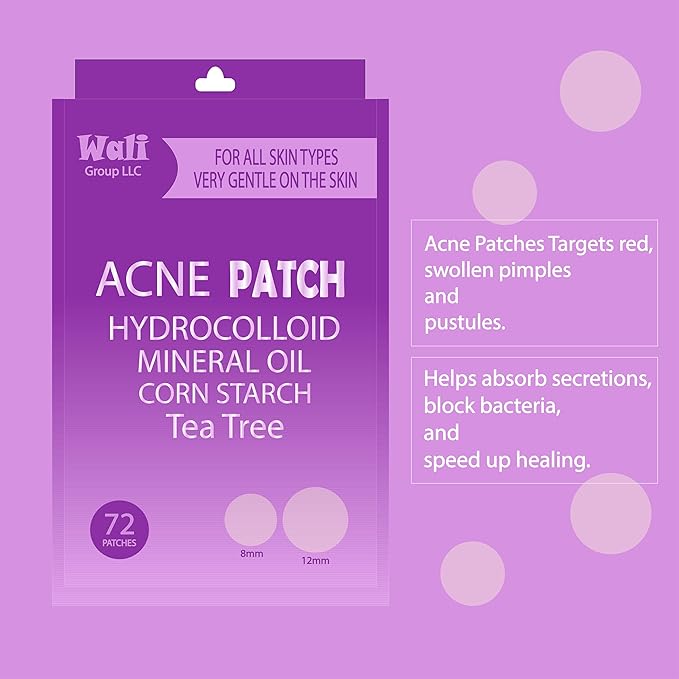 Wali Acne Patch with Tea Tree and Hydrocolloid, 72 Patches, 8mm and 12mm Sizes, Gentle for All Skin Types, Absorbs Secretions