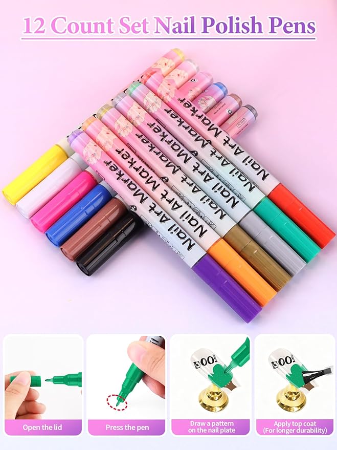 EBANKU 12 Colors Nail Art Marker Pens Set, Nail Polish Pen for Nail Art, Nail Pen for Painting Nail, Acrylic Paint Nail Point Dotting Liner Pen Tools for Home DIY Salon Nail