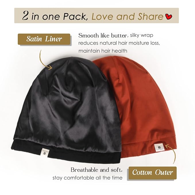 YANIBEST 2 Pcs Silk Bonnet Satin Bonnet Hair Bonnet for Sleeping - Adjustable Saty on Satin Lined Slouchy Beanie Hat for Women